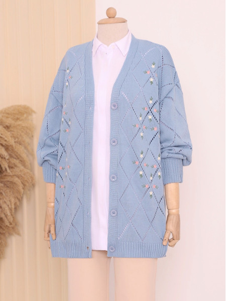 Openwork Floral Embroidered Buttoned Knitwear Cardigan     -Blue
