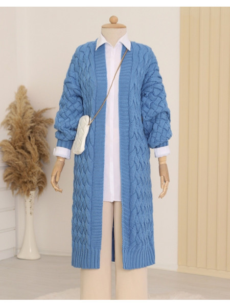 Hair Knitting Pattern Long Cardigan -Blue