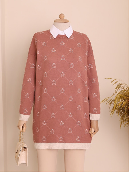 Patterned Crew Neck Knitwear Tunic -Dried rose