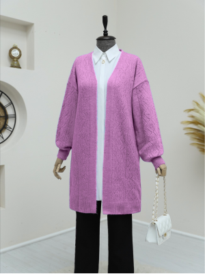 Sleeve and Front Openwork Fluffy Cardigan    -Cherry Color
