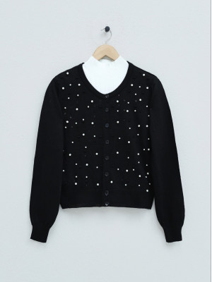 Pompom Pearl Knitted Cardigan -Black