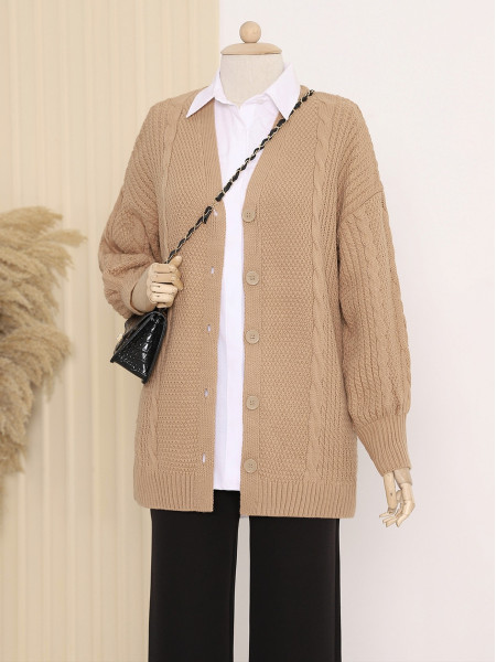 Button Down Knit Patterned Cardigan -Mink color