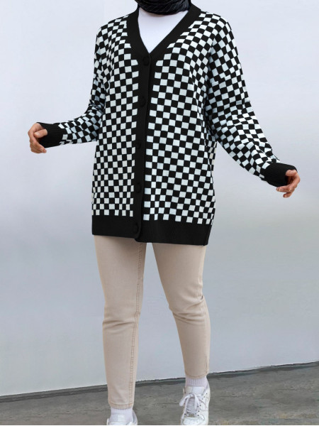 Checkered Pattern Big Button Knitwear Cardigan -White