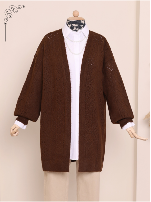 Sleeve and Front Openwork Fluffy Cardigan  -Brown