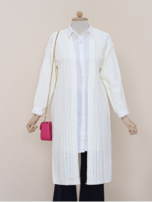 Slit Knit Pattern Long Cardigan -White