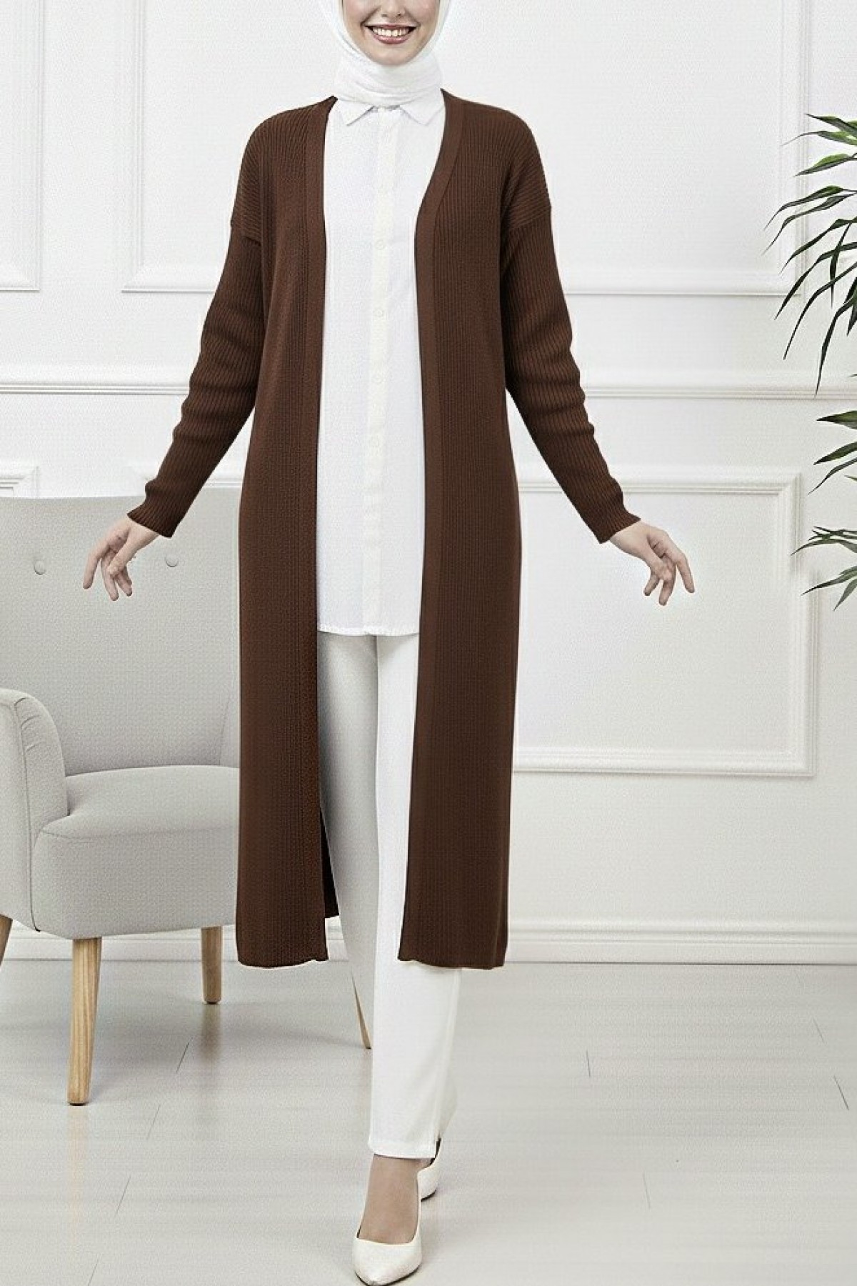 Long Knitted Cardigan with Side Slits -Brown