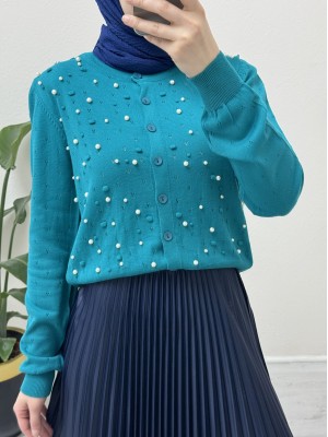 Pompom Pearl Knitted Cardigan  - Turquoise