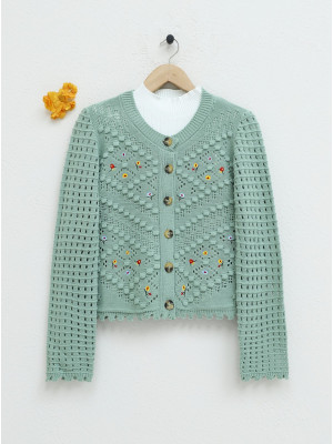 Floral Embroidered Pompom Openwork Knitted Cardigan -Sea green