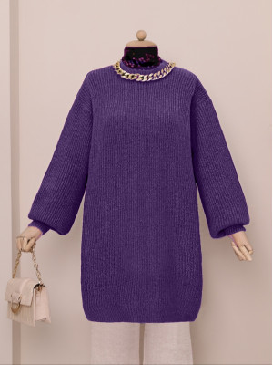 Balloon Sleeve Yumoş Knitted Knitwear Tunic        - Purple