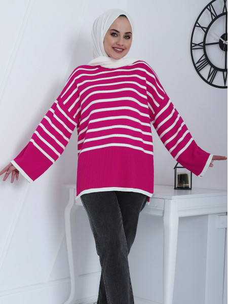 Striped Oversize Double Layer Knitwear Tunic with Side Slits -Fuchsia