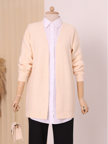 Mid-length Knitted Patterned Knitwear Cardigan -Cream color