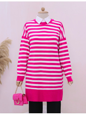 Round Neck Hijab Loose Knitwear Tunic  -Pink