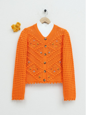 Floral Embroidered Pompom Openwork Knitted Cardigan -Orange