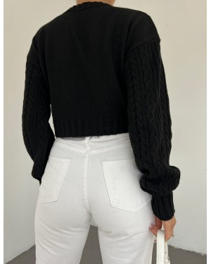 Embossed Patterned Openwork Knitted Sweater -Black
