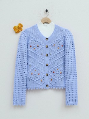 Floral Embroidered Pompom Openwork Knitted Cardigan    -Baby Blue