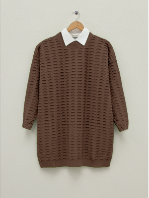 Embossed Patterned Round Neck Knitwear Tunic -Brown