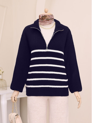 Half Zipper Side Striped Knitwear Sweater  -Navy blue