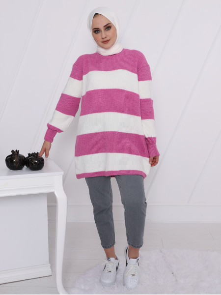 Half Neck Striped Thessaloniki Knitted Sweater -Pink