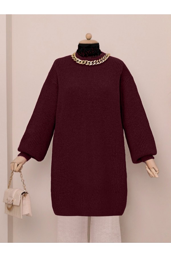 Balloon Sleeve Yumoş Knitted Knitwear Tunic    -Maroon
