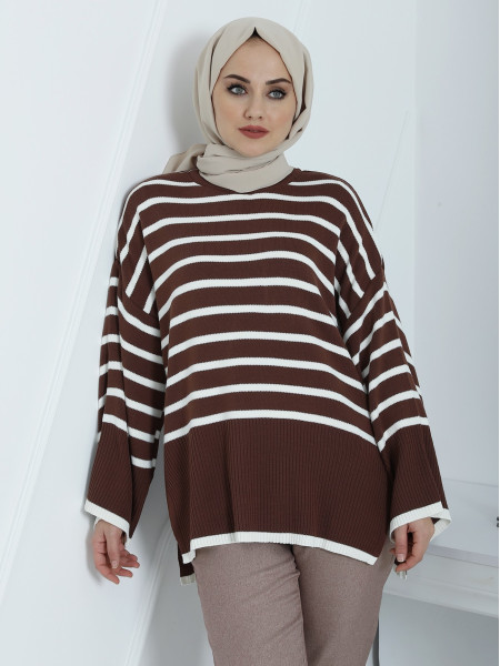 Striped Oversize Double Layer Knitwear Tunic with Side Slits -Brown