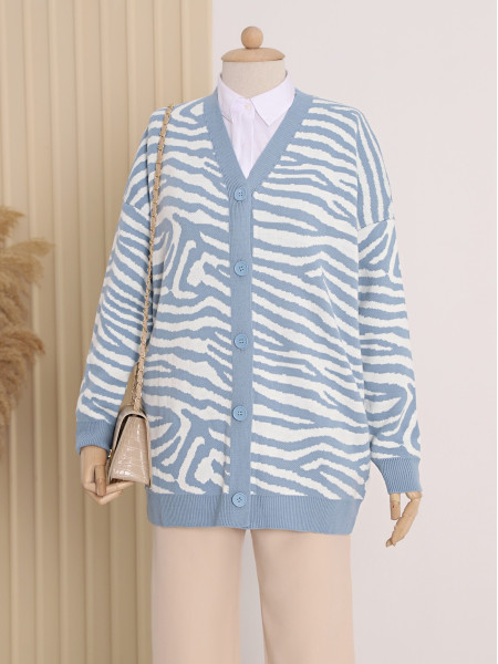 Double Layer Patterned Buttoned Knitwear Cardigan -Blue