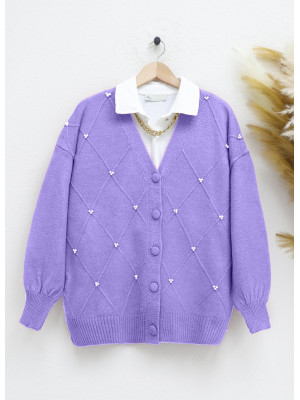 Pearl Detailed Buttoned Soft Knitwear Cardigan    -Lilac