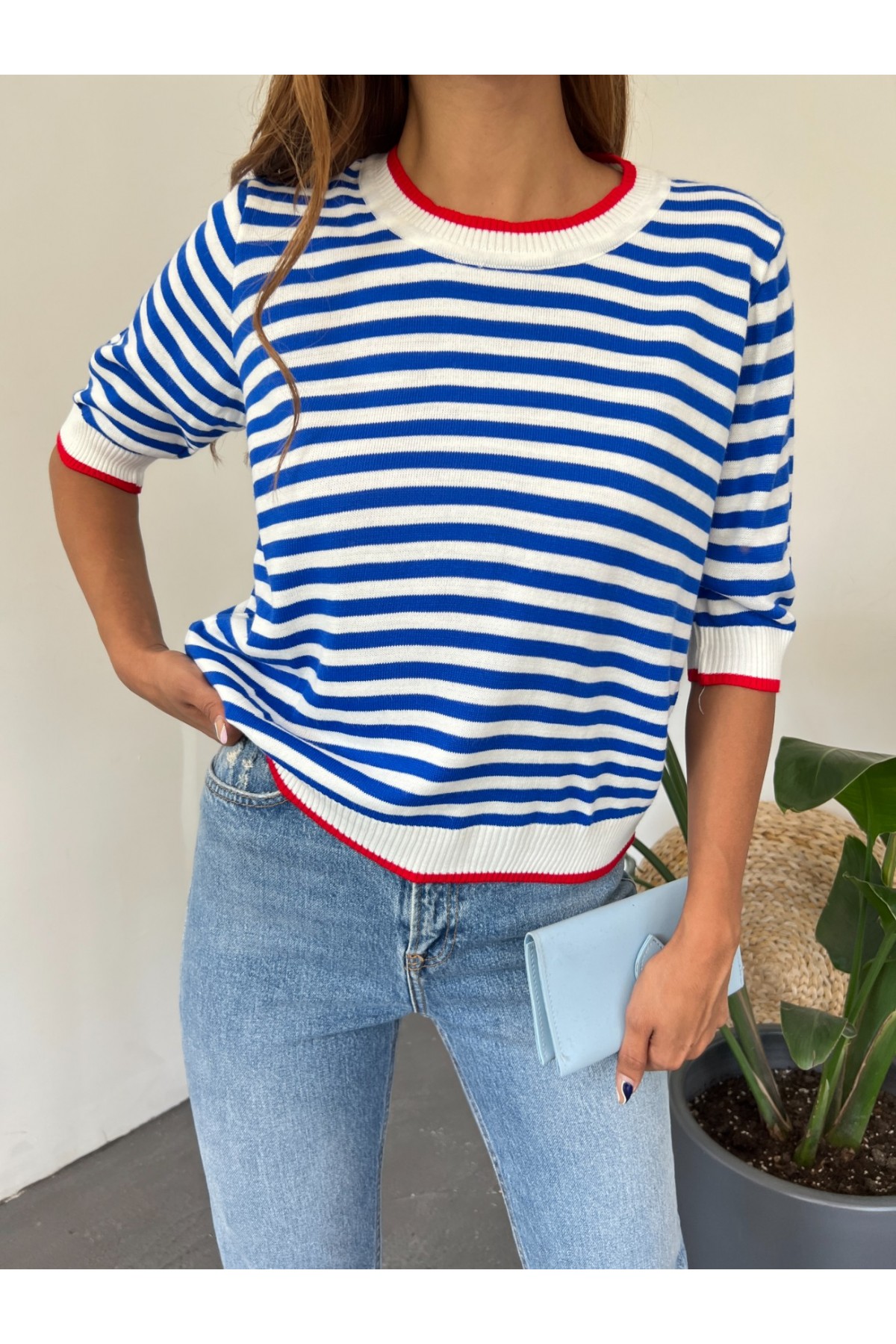 Round Neck Poor Sleeve Slim Knitwear Blouse -Dark blue