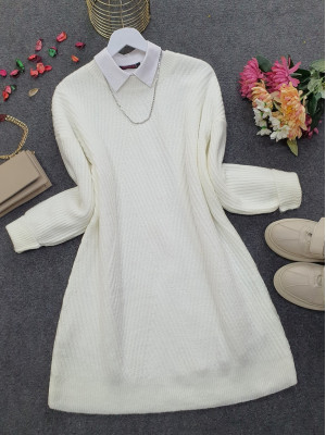 Crew Neck Diamond Pattern Knitwear Sweater  -White