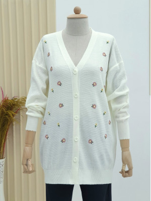 Daisy Embroidered Buttoned Cardigan  -Cream color