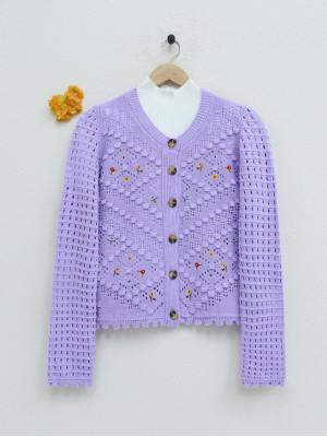 Floral Embroidered Pompom Openwork Knitted Cardigan -Lilac