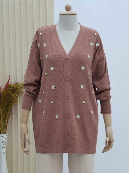 Daisy Embroidered Buttoned Cardigan -Dried rose