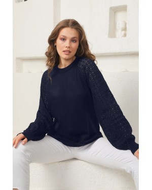 Openwork Sleeves Knitwear Sweater   -Navy blue