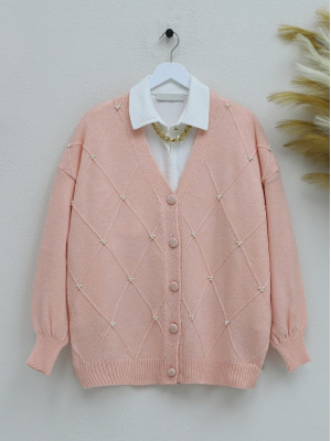 Pearl Detailed Buttoned Soft Knitwear Cardigan    -Salmon