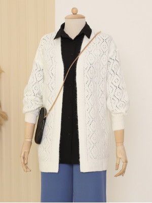 Sleeve and Front Openwork Fluffy Cardigan -White