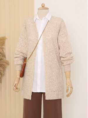 Sleeve and Front Openwork Fluffy Cardigan -Stone