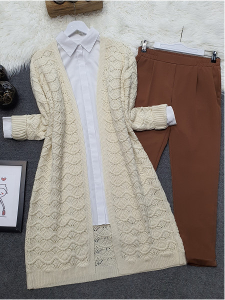 Long Openwork Knit Pattern Cardigan -Cream color