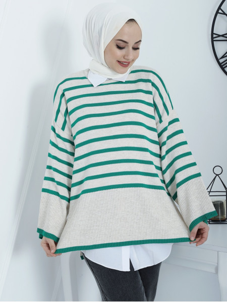 Striped Oversize Double Layer Knitwear Tunic with Side Slits -Green