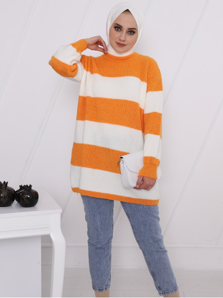 Half Neck Striped Thessaloniki Knitted Sweater -Orange
