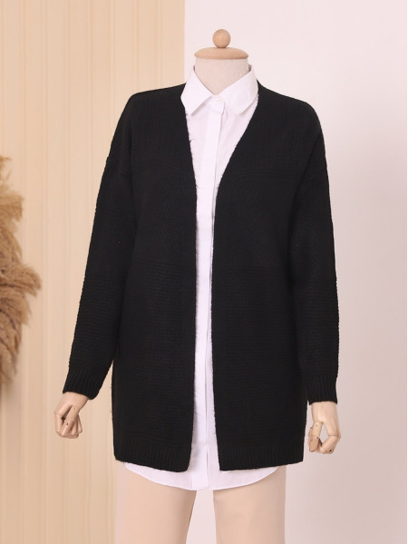 Mid-length Knitted Patterned Knitwear Cardigan -Black