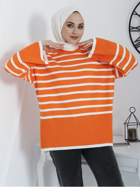Striped Oversize Double Layer Knitwear Tunic with Side Slits -Orange