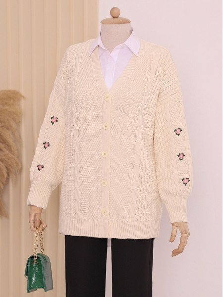 Sleeve Embroidered Knitting Pattern Cardigan -Cream color