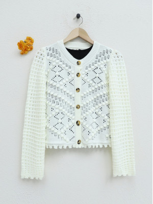 Openwork Embossed Bone Buttoned Knitted Cardigan  -White