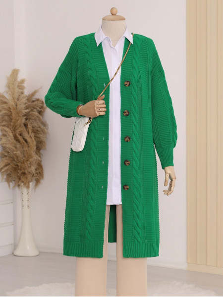 Knitting Pattern Buttoned Cardigan -Green