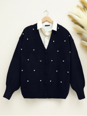 Pearl Detailed Buttoned Soft Knitwear Cardigan   -Navy blue
