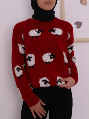 Animal Figured Jacquard Knitwear Sweater -Red