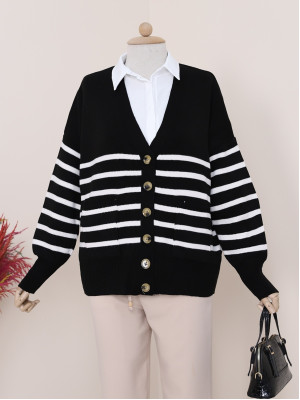 Double Pocket Striped Buttoned Cardigan  -Black