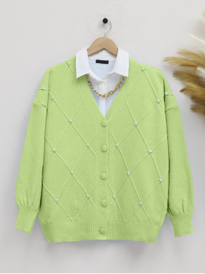 Pearl Detailed Buttoned Soft Knitwear Cardigan  -PISTACHIO GREEN