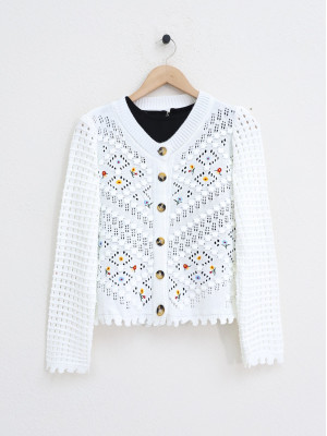 Floral Embroidered Pompom Openwork Knitted Cardigan  -Ecru