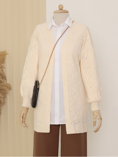 Sleeve and Front Openwork Fluffy Cardigan -Cream color