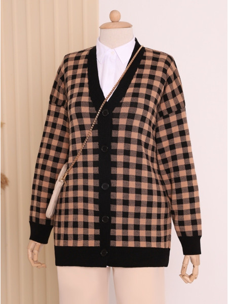 Square Patterned Buttoned Double Layer Cardigan -Mink color